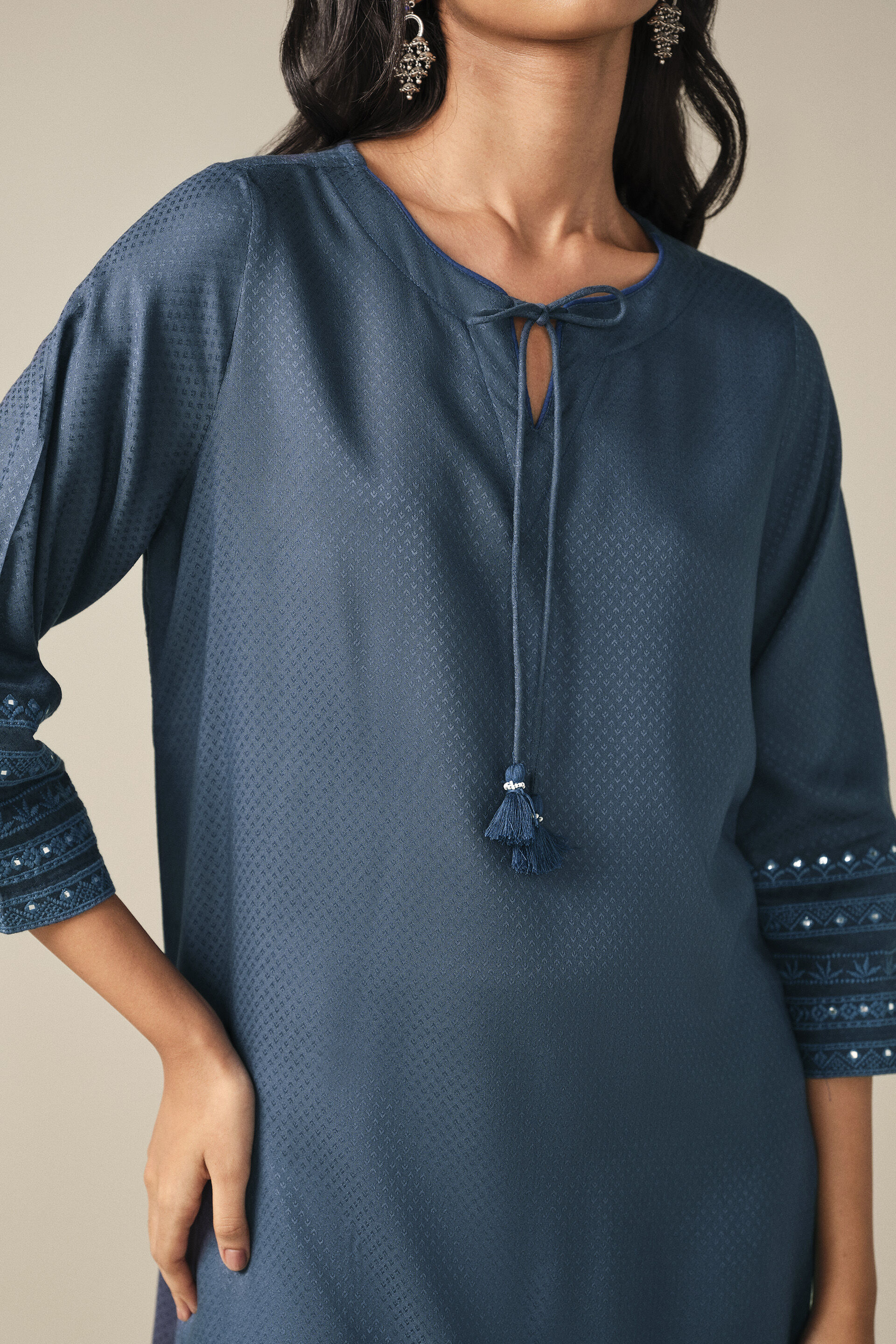 Embroidered Kurta Set in Indigo, Indigo, image 2